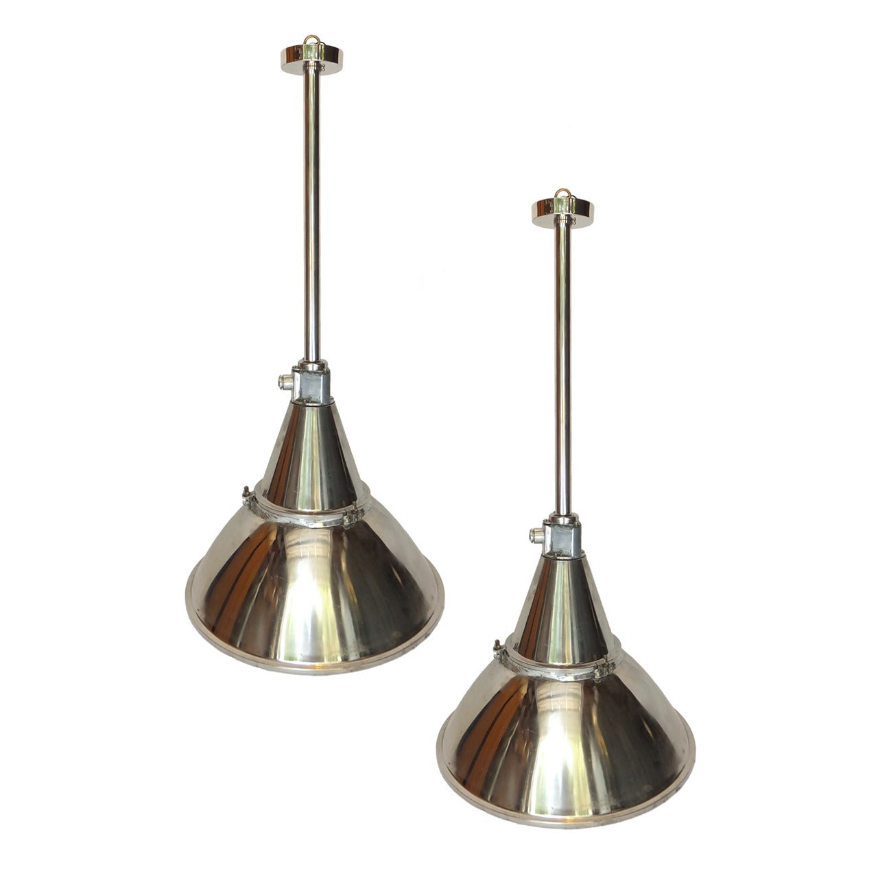 Large Pair of Industrial Hanging Lights For Sale