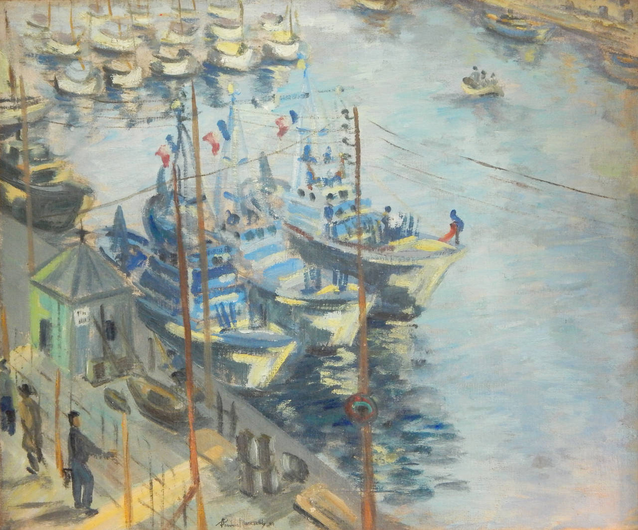 Wonderful Mid-Century oil on canvas of a French Harbor, signed Roudens Maroselli, 1949. Has been professionally cleaned and restored.