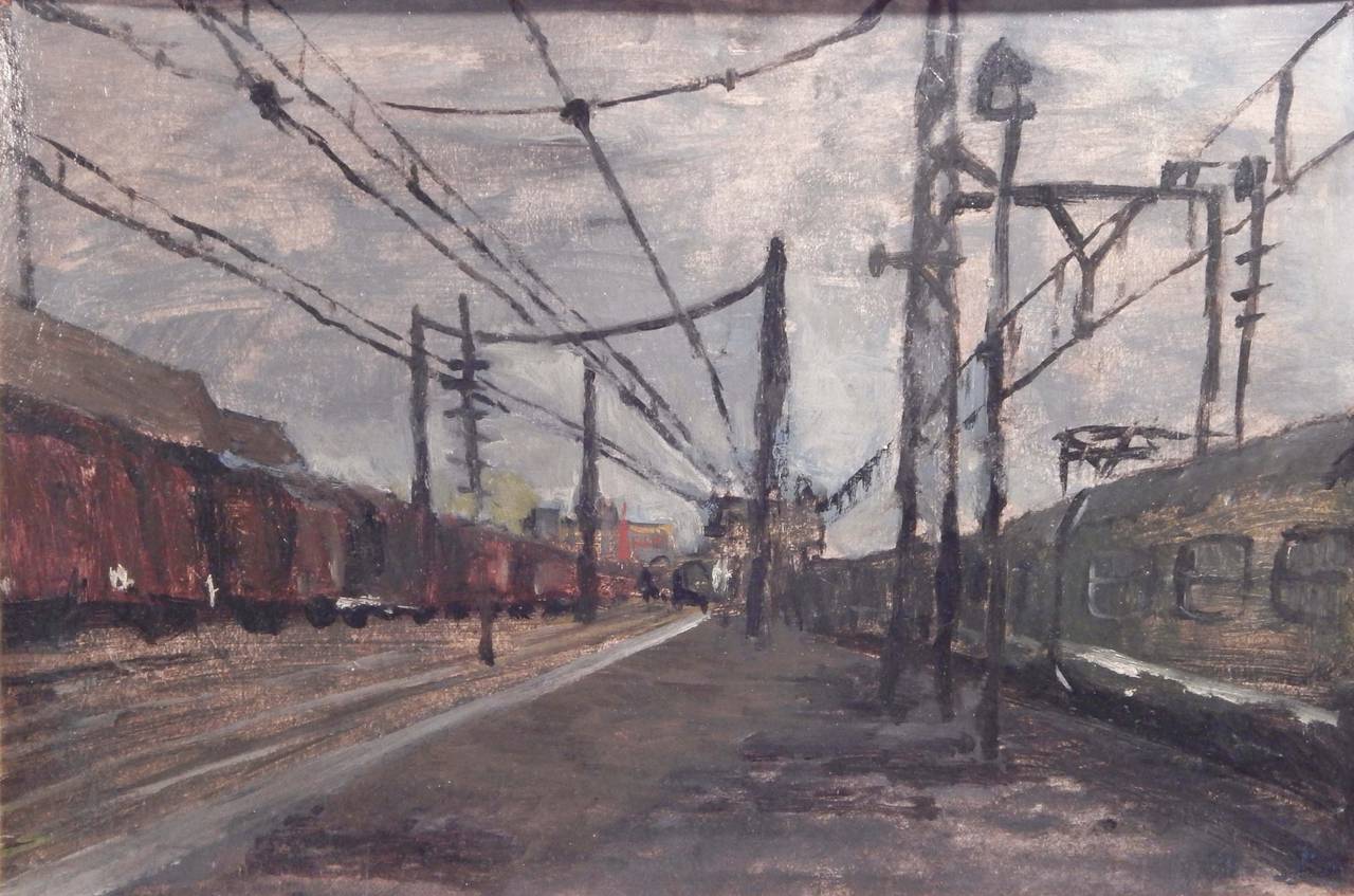 Great graphic oil on canvas from Belgium of a train station. Unsigned.