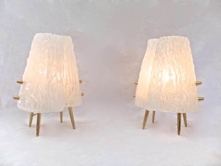 Pair of Small Austrian Ice Glass Lamps In Excellent Condition In Bridgehampton, NY