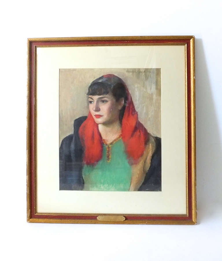 Pastel portrait of a girl in a red scarf by Gordon Roberts Haus in the original frame.