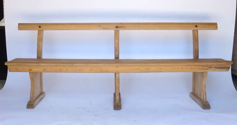 Pair of rustic benches with backs in a naturally weathered finish. Very sturdy.