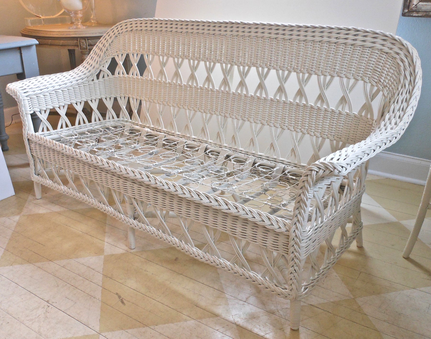 Unusual Haywood Wakefield Wicker Settee and Chair For Sale