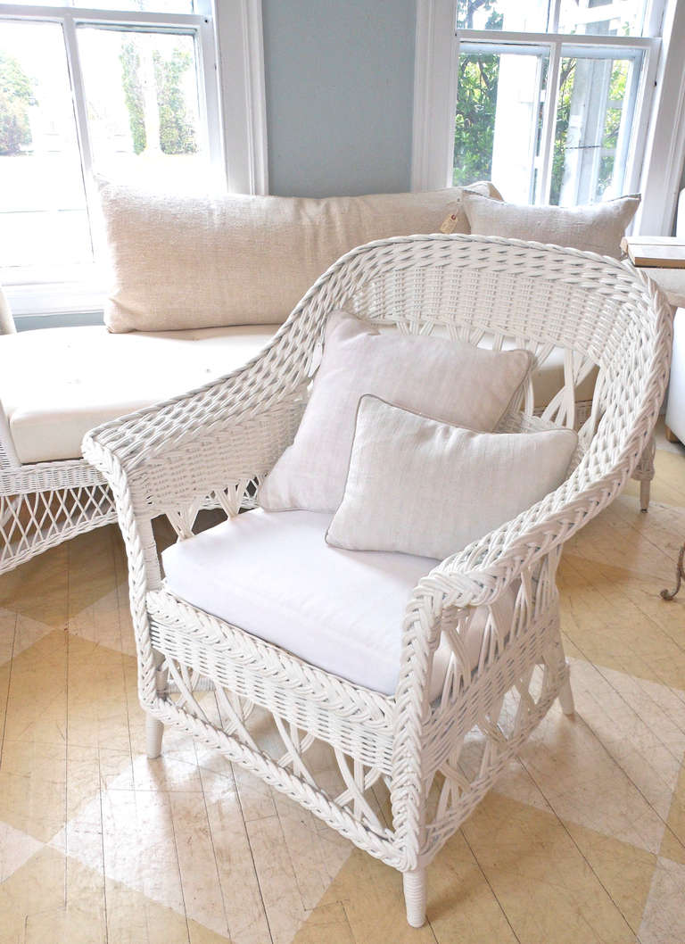 Unusual Haywood Wakefield Wicker Settee and Chair For Sale 3