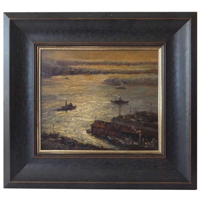 Early 20th Century NY Harbor Painting For Sale
