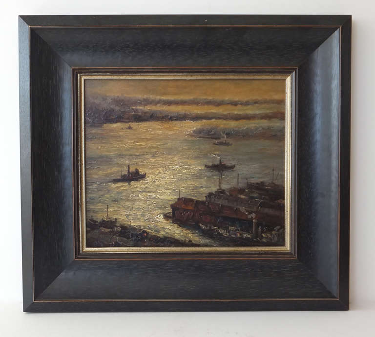 Beautifully done early 20th Century oil on canvas of New York harbor at sunset. Unsigned. Frame is new.