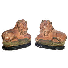 Antique Pair of Painted Chalkware Lions
