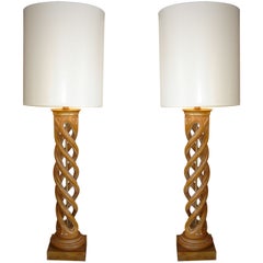Pair of James Mont Carved Lamps