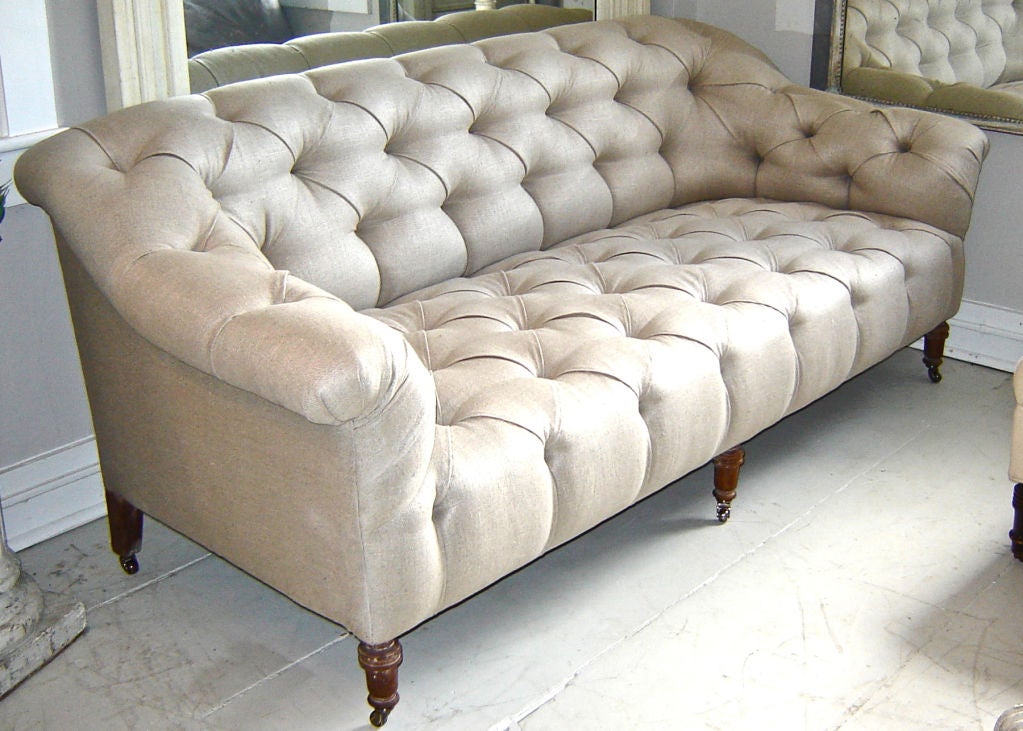 Edwardian sofa completely reupholstered in Belgian linen.