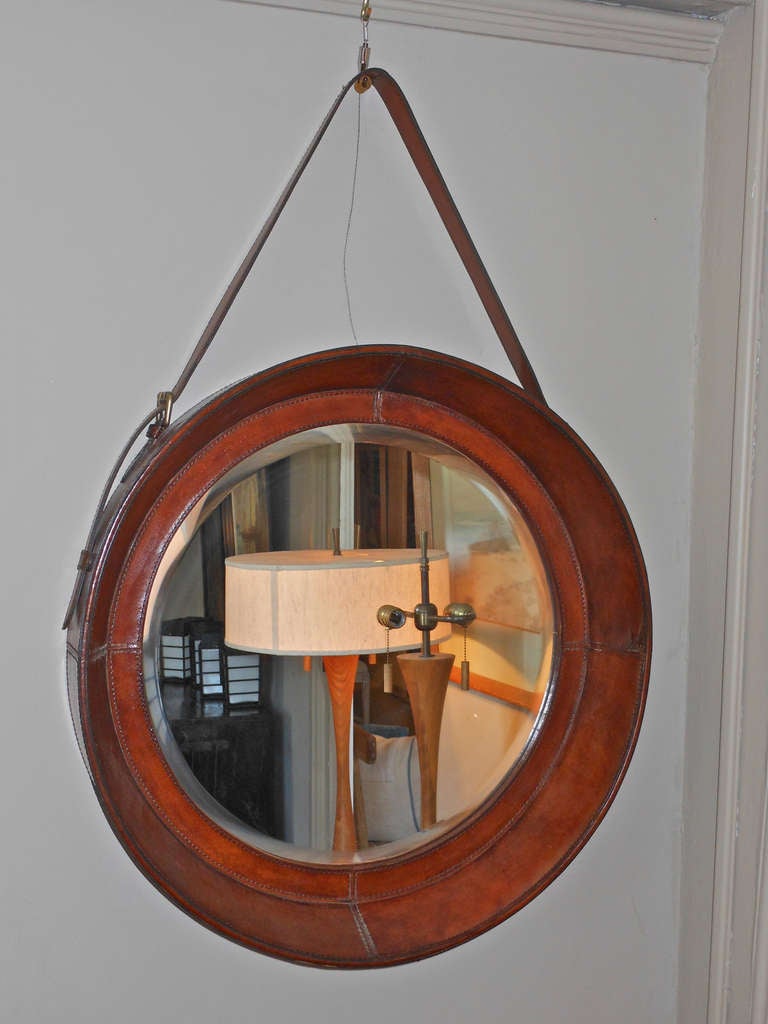 Round  Beveled Mirror in Leather Frame