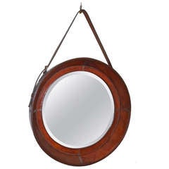 Round Beveled Mirror in Leather Frame