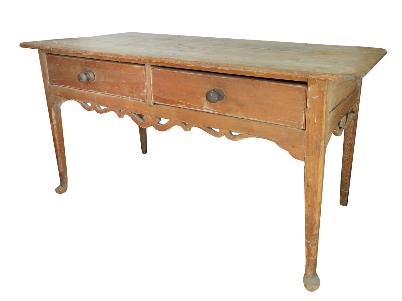 Charming European table with scroll apron and 2 drawers