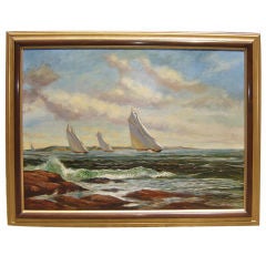Large Oil on Canvas of Sailboats Racing