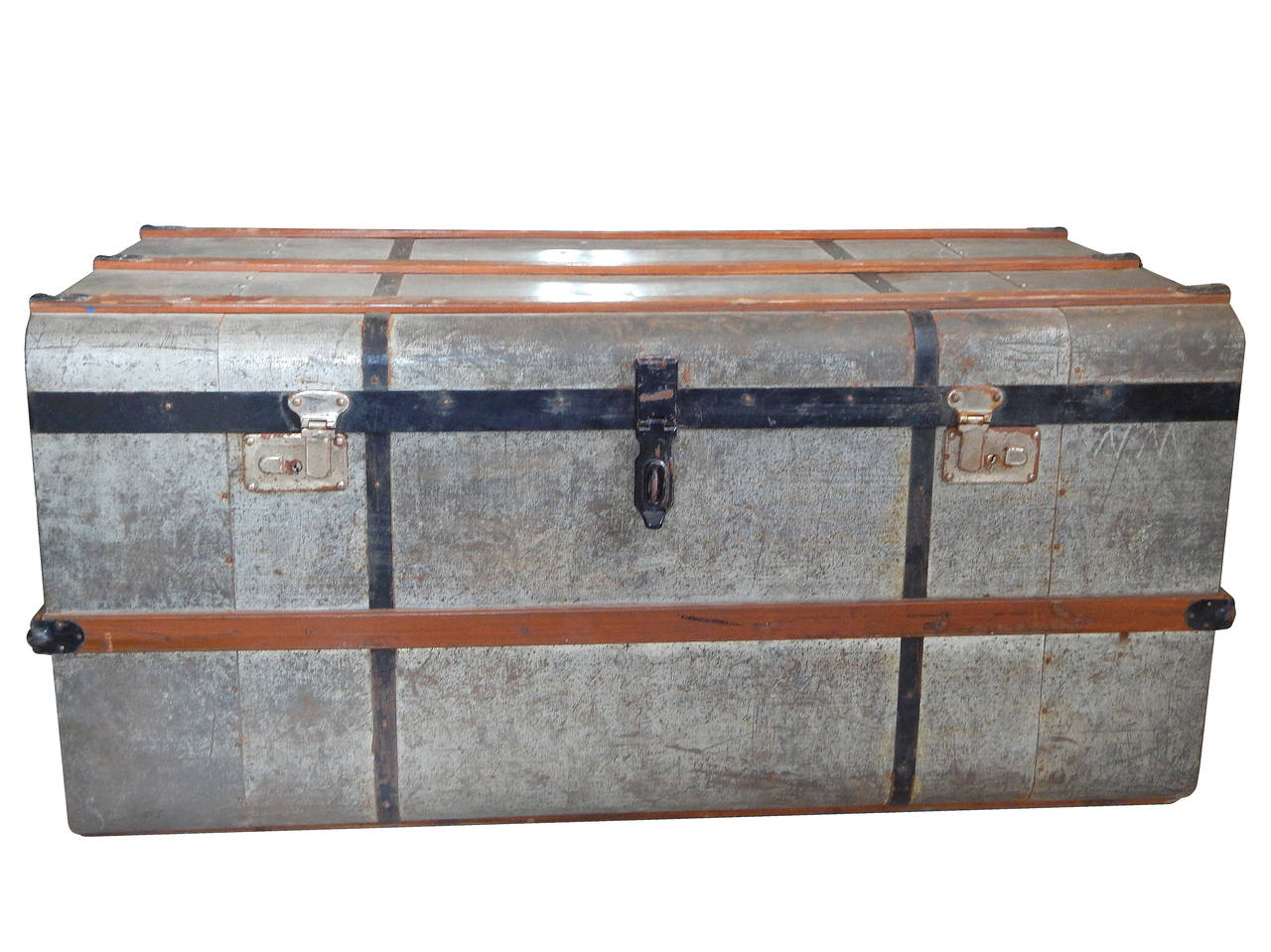 Near pair of Swedish steel trunks- can be sold separately at $800 each

Larger Trunk: 21D x 39.5W x 19H