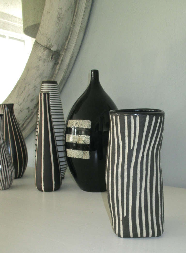 Collection of mid century black and white pottery, part of a new shipment of vintage German, Italian and American ceramic and glass objects. Prices in this collection range from $65 to $155.