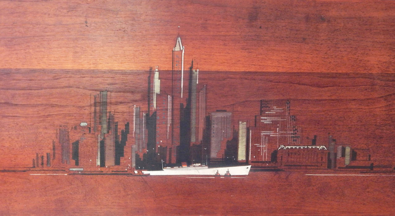 Mid-Century Painted Walnut Panels of NYC Skyline 3