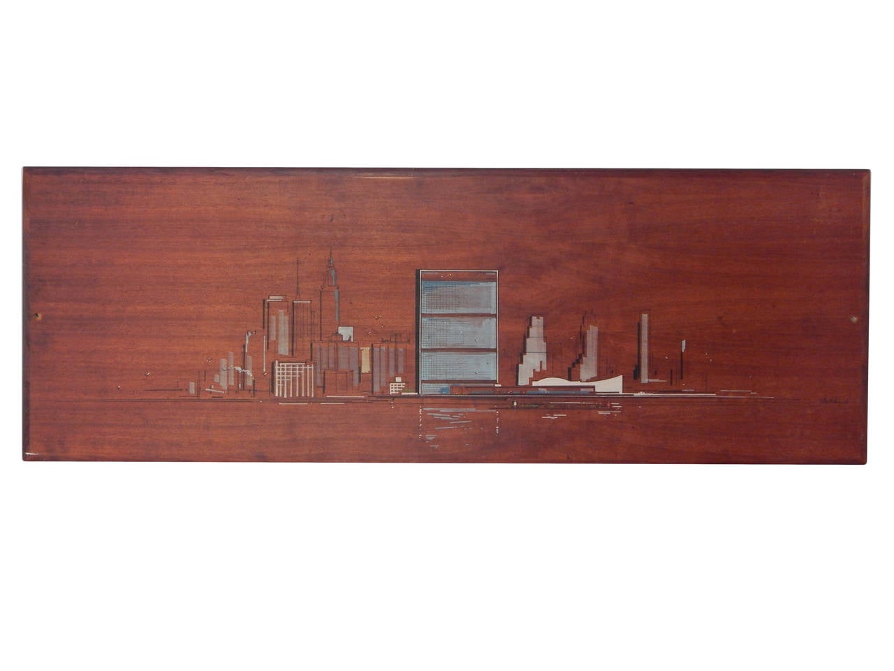 American Mid-Century Painted Walnut Panels of NYC Skyline