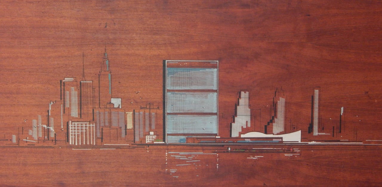 Mid-Century Painted Walnut Panels of NYC Skyline 2