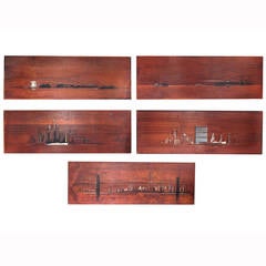 Mid-Century Painted Walnut Panels of NYC Skyline