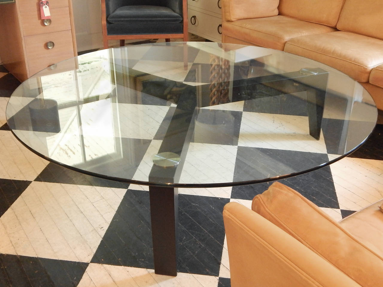 Large architectural coffee table. Lacquered wood Y form base with glass top and brushed chrome disks - c 1980.