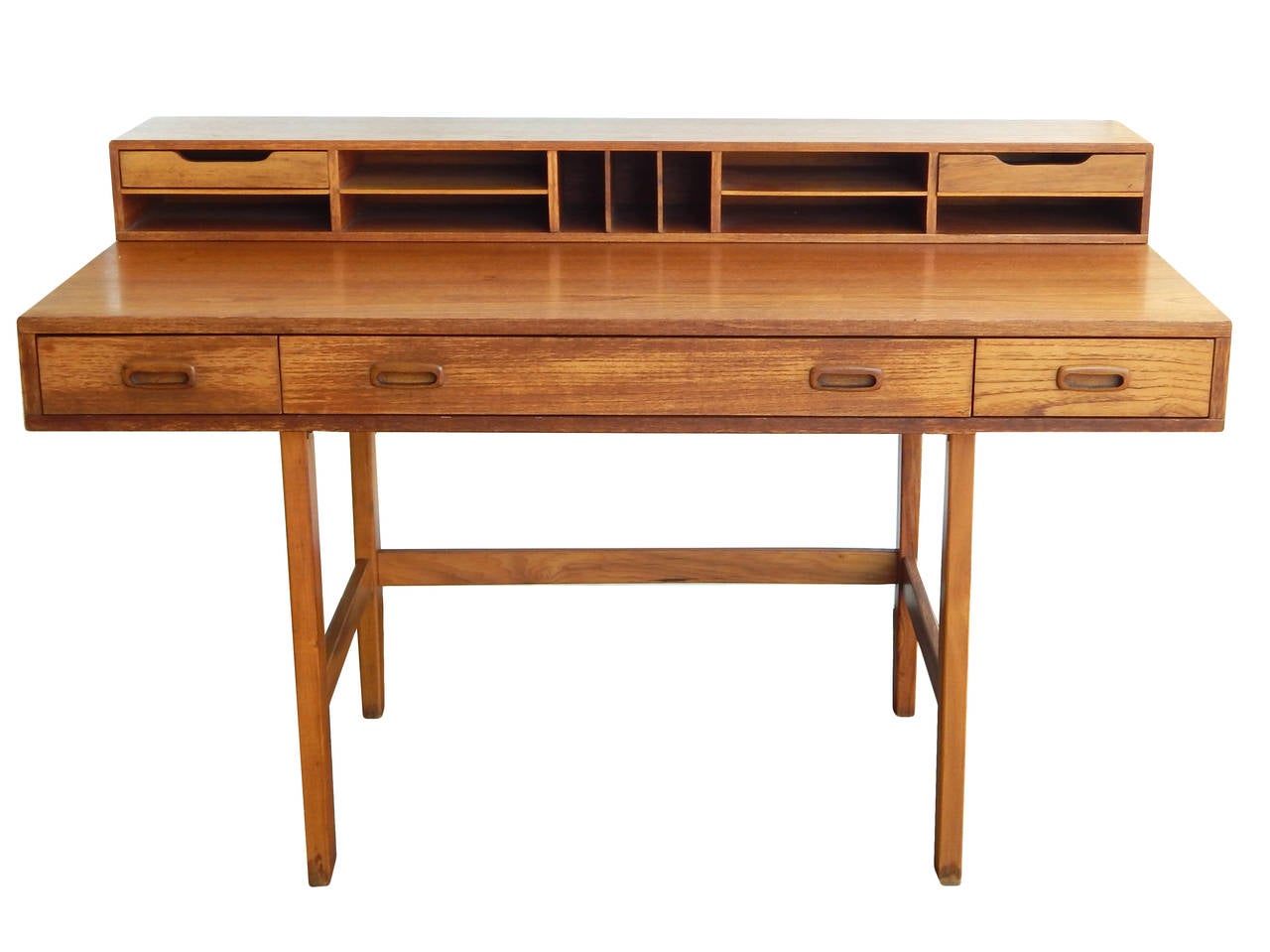 Mid-Century oak desk that unfolds to a flat surface. Stamped Scova Dixie. Newly refinished.