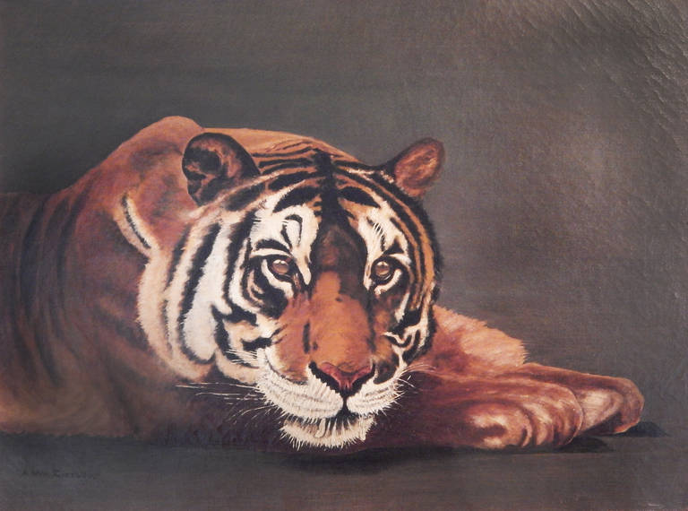Finely painted 19th century oil on canvas of a tiger in black frame. Probably an amateur copy of a famous painting, possibly by a female artist. This was a favorite pastime for women at the time, who painted copies of famous paintings from books of