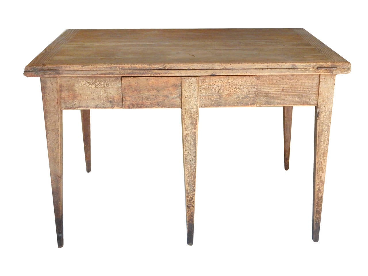 Unusual 5 legged Swedish farm table with fold over extension top. Beautiful age patina on original paint. Can be used comfortably open or closed.
