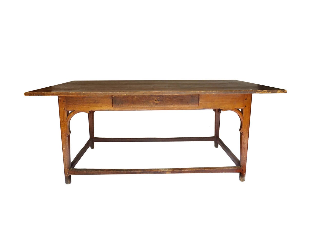Belgian table with stretchers and single drawer. Comfortable for dining but chairs cannot be pushed all the way in.
