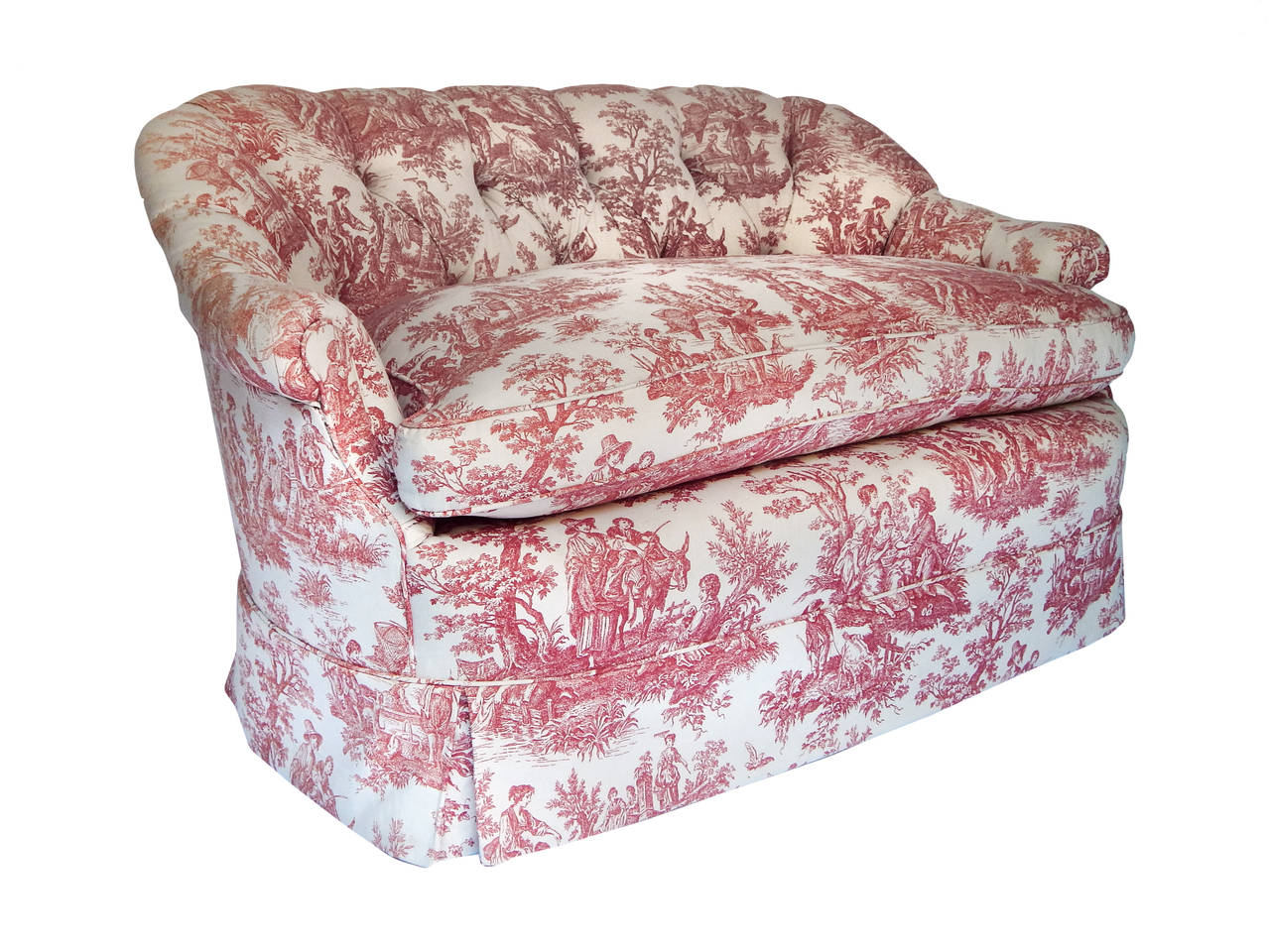 Pair of Tufted Toile Loveseats 2