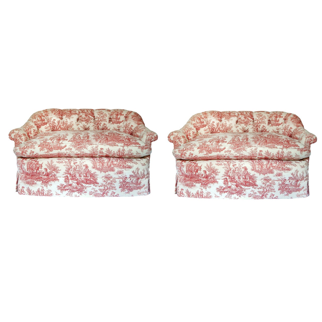 Pair of Tufted Toile Loveseats