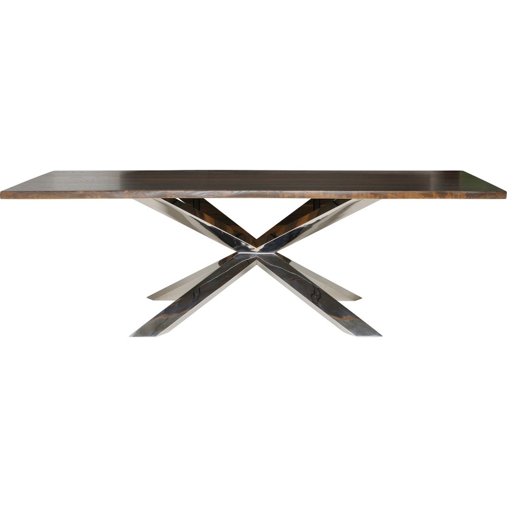 Seared oak live edge top with polished stainless steel base. Also available in 112