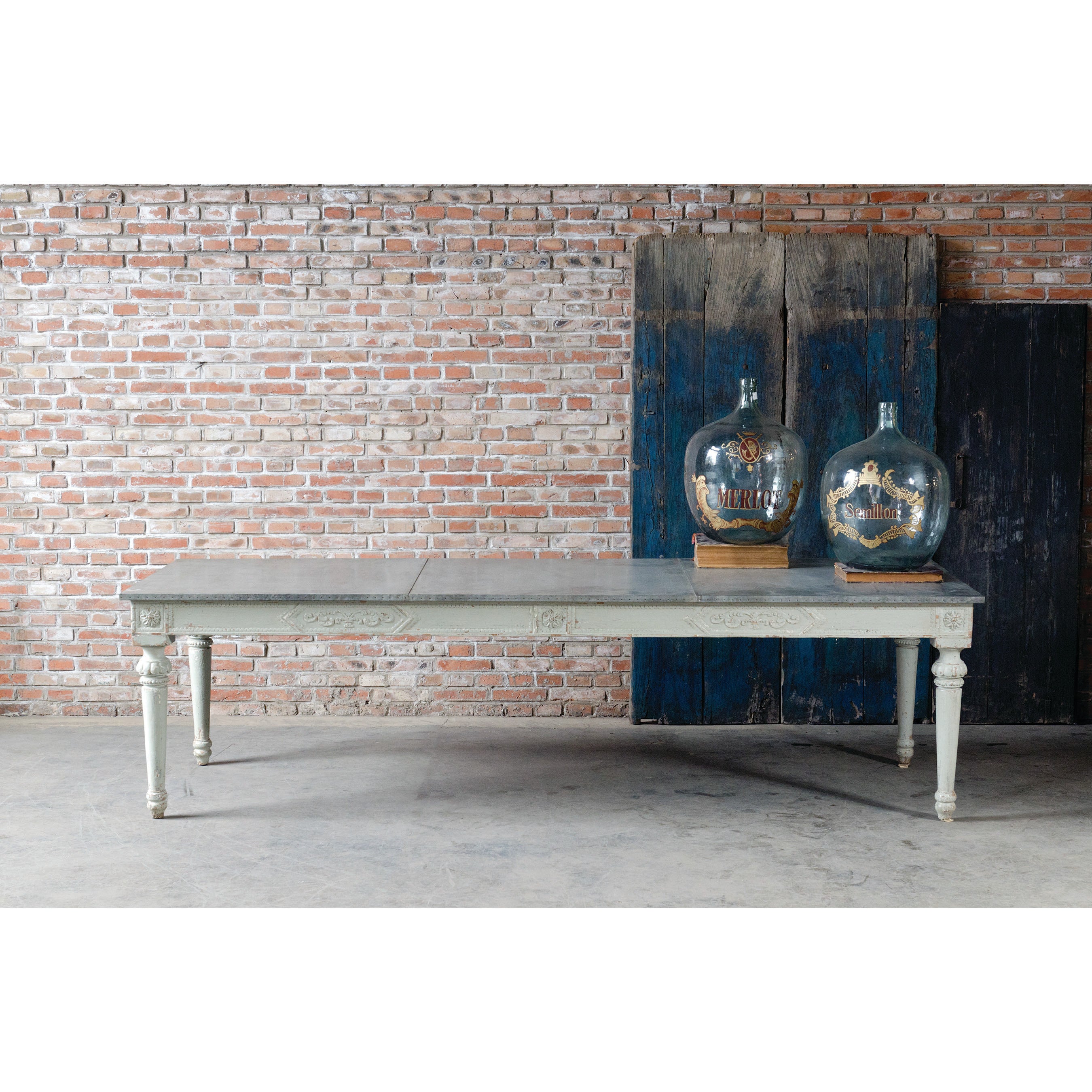 Carved Zinc Top Table, Three Sizes For Sale