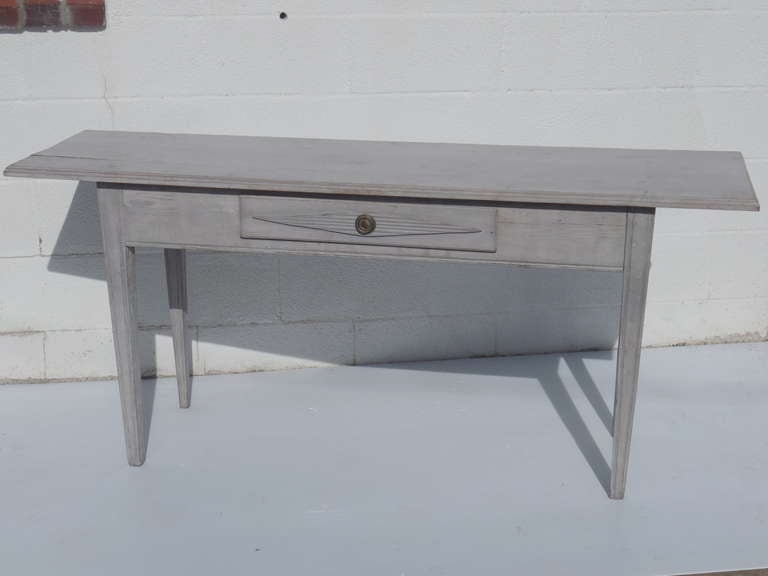Scandinavian grey painted console table with later top.