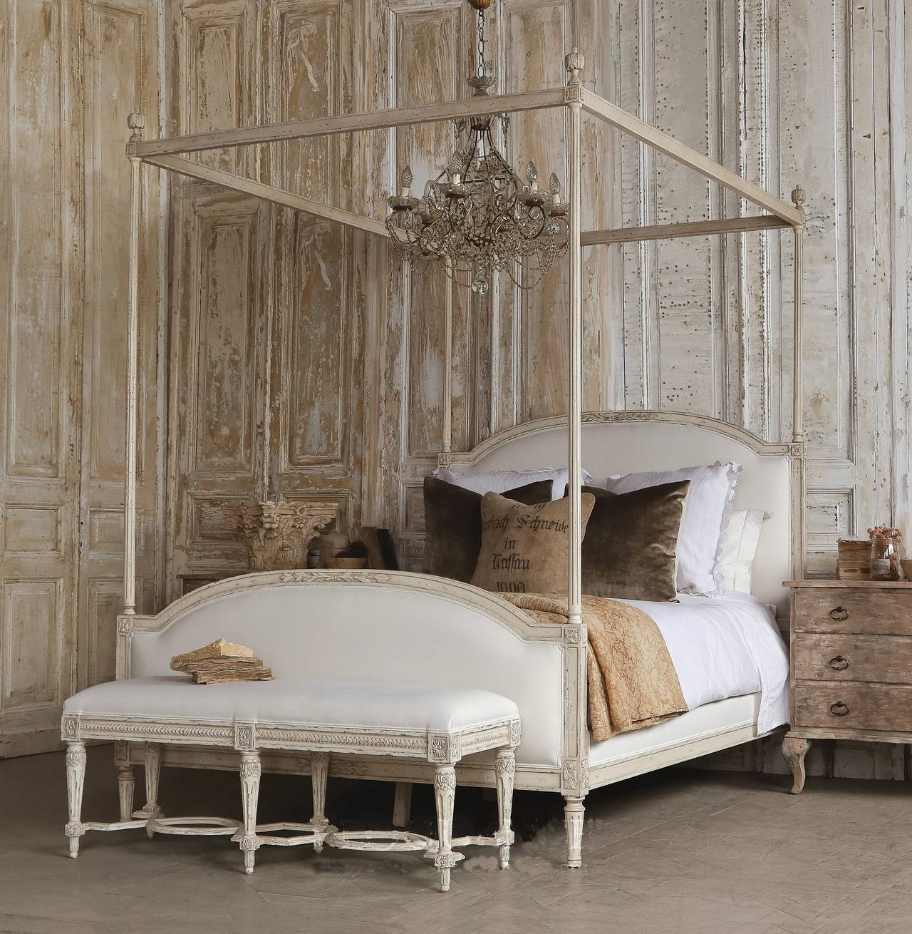 Upholstered headboard, sides, and foot board, lovely weathered white finish. Shown here in Queen; King size available ($5850). Please contact for current availability.
two finishes: white or natural see images. samples available to borrow on