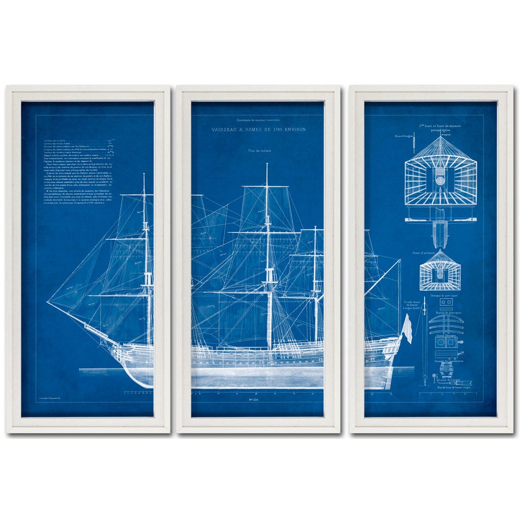 Blueprint triptych print in white frame of 1785 French ship Vaisseau a Rames. Dimensions shown for one section. Please contact for current availability.