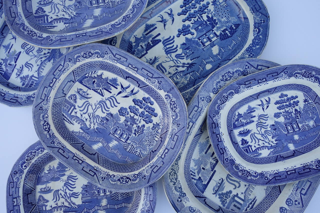 We have a selection of blue willow platters currently in stock, contact us with your preference. Sold individually, from $275-$475 each.