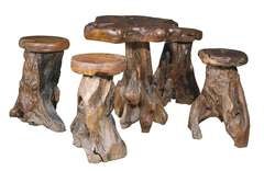 Teak Root Side Table with Stools