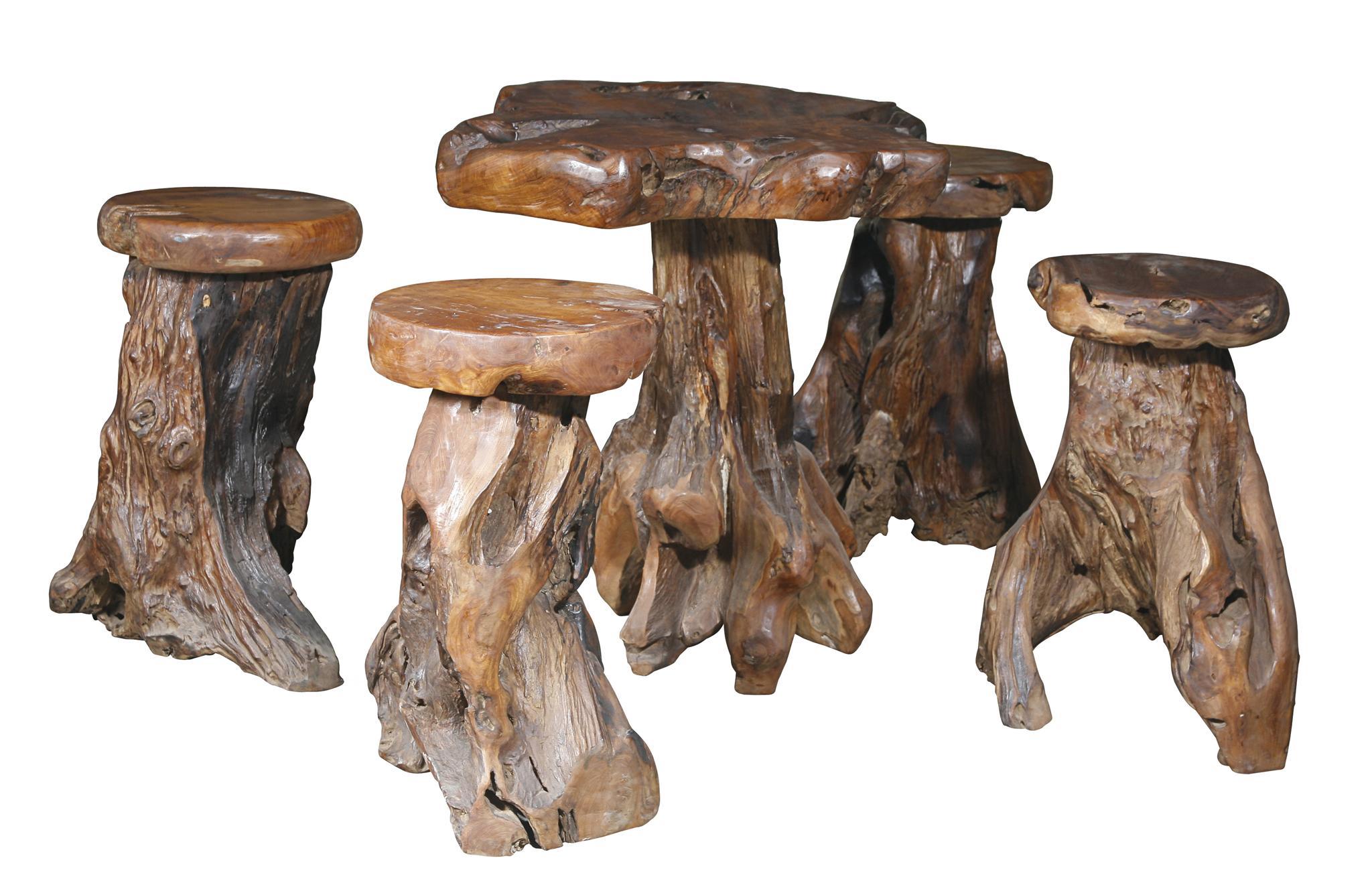 Teak Root Side Table with Stools