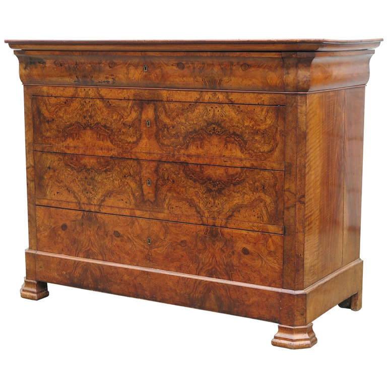 French Burlwood Walnut Chest of Drawers For Sale