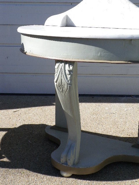 A pair of French style marble top console table with central cabriole leg. Painted grey, original carrara marle tops.
Sold as a pair.