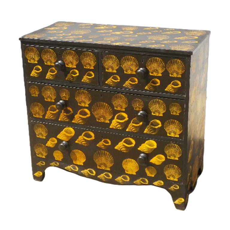 English Chest of Drawers with Decoupage Shell Design For Sale