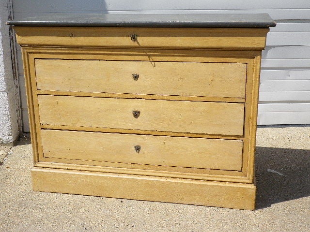 An unusual 19th C French Chest Dresser in original paint, and locks, hardware. Top is painted wood. Wide drawers originally used for storing linen.