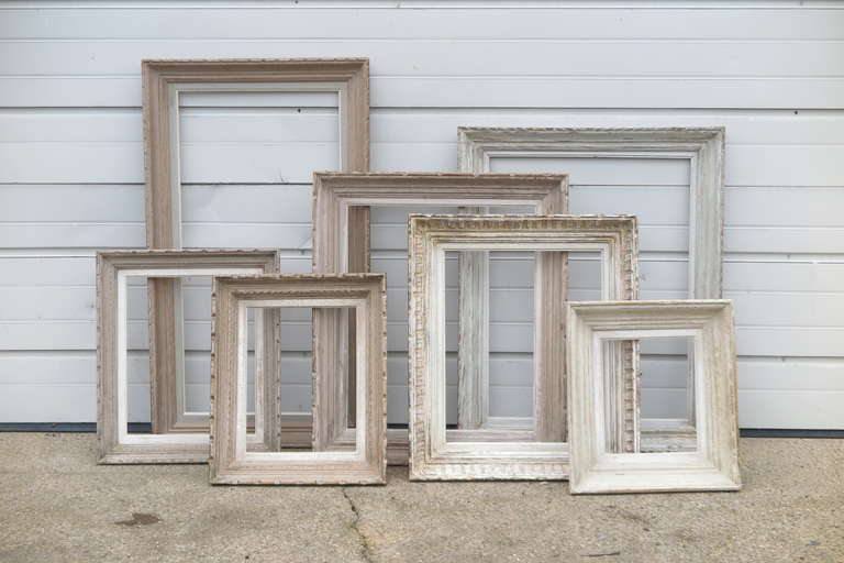 Uniquely individual French frames ready for mirroring or other artwork. Light rustic finishes. and sizes vary. France circa 1900. Sold separately $425.00 - $950.00