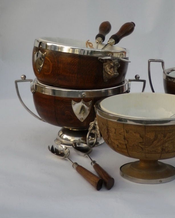 English Victorian Salad Bowls with porcelaine liners and silver handles, shields, bases. Various designs. Sold Separately, from $ 1150.00 

.Salad servers sold separately from $ 250 a pair