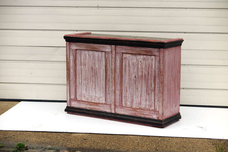 Circa 1890 French Counter or Bar with zinc top with three drawers at the rear. Counter has the remains of the original old paint.