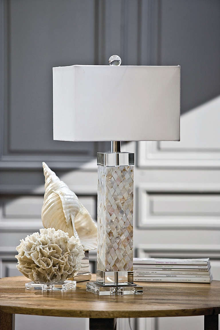 Diamond pattern mother of Pearl lamp, square column with rectangular paper shade.