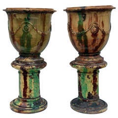 Pair French Glazed Urns on Stands