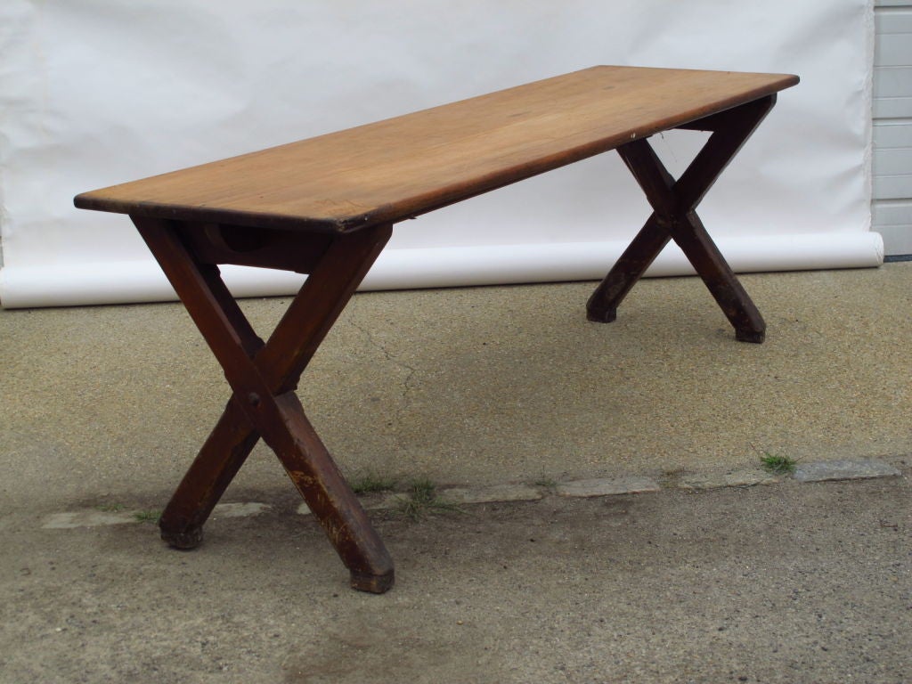 French narrow trestle table with painted base & Natural Top. circa 1900