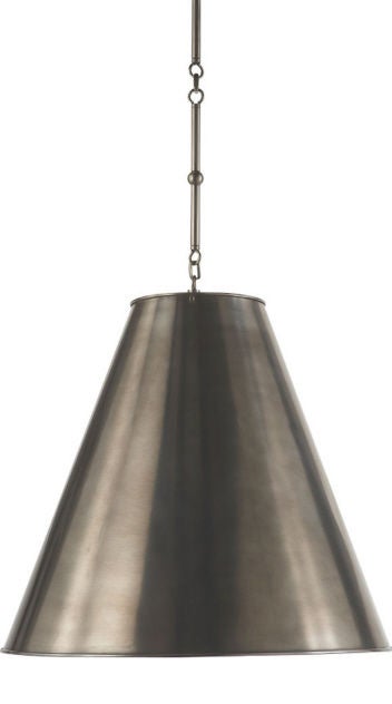 Hanging lamp in bronze with hand-rubbed antique brass details and antique white shade. Also available in antique nickel, bronze, or hand-rubbed antique brass. Matching metal shade options and combinations also available. Natural parchment shade with