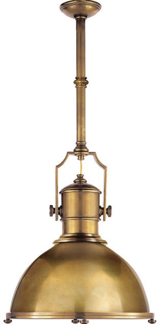 Country industrial pendant in bronze with large bronze shade.

Also available in antique-burnished brass, antique copper, antique nickel, and polished nickel. White glass shade option also available.